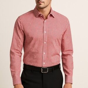 Kenneth Cole Reaction Shirt Men's Large Non Iron Button Up Red Gingham Check
